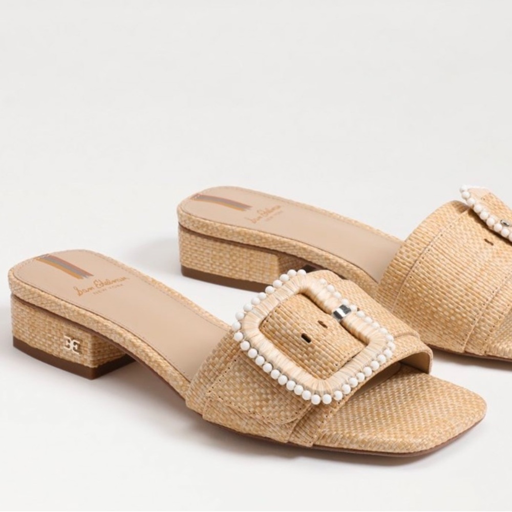 Sam Edelman Natural Straw Beaded Buckle Slide Heels
